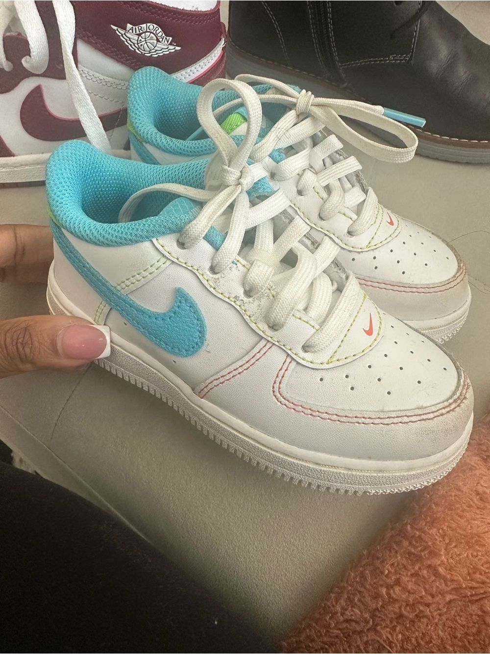 Nike Kids White Sneakers with Teal Swoosh